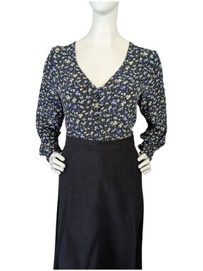 Sézane Gaya Liberta Print Button Front Blouse Black V Neck Top | Size 40/M